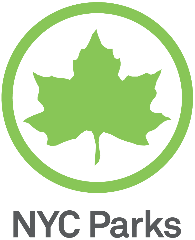 The NYC Parks Logo, a green maple-type leaf with a circle around it with the words NYC Parks below.